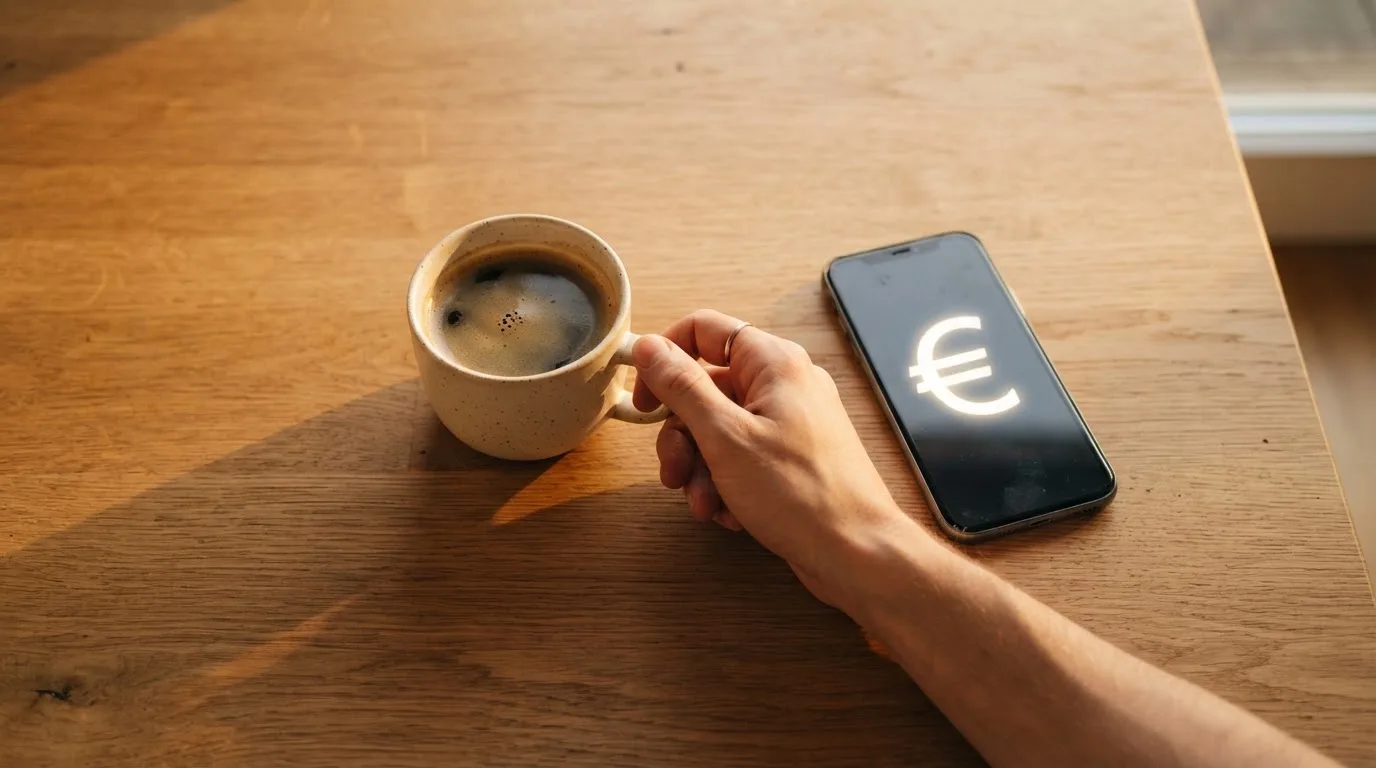 Hände greifen entspannt nach einer Tasse Kaffee neben einem Smartphone auf einem Holztisch am frühen Abend.