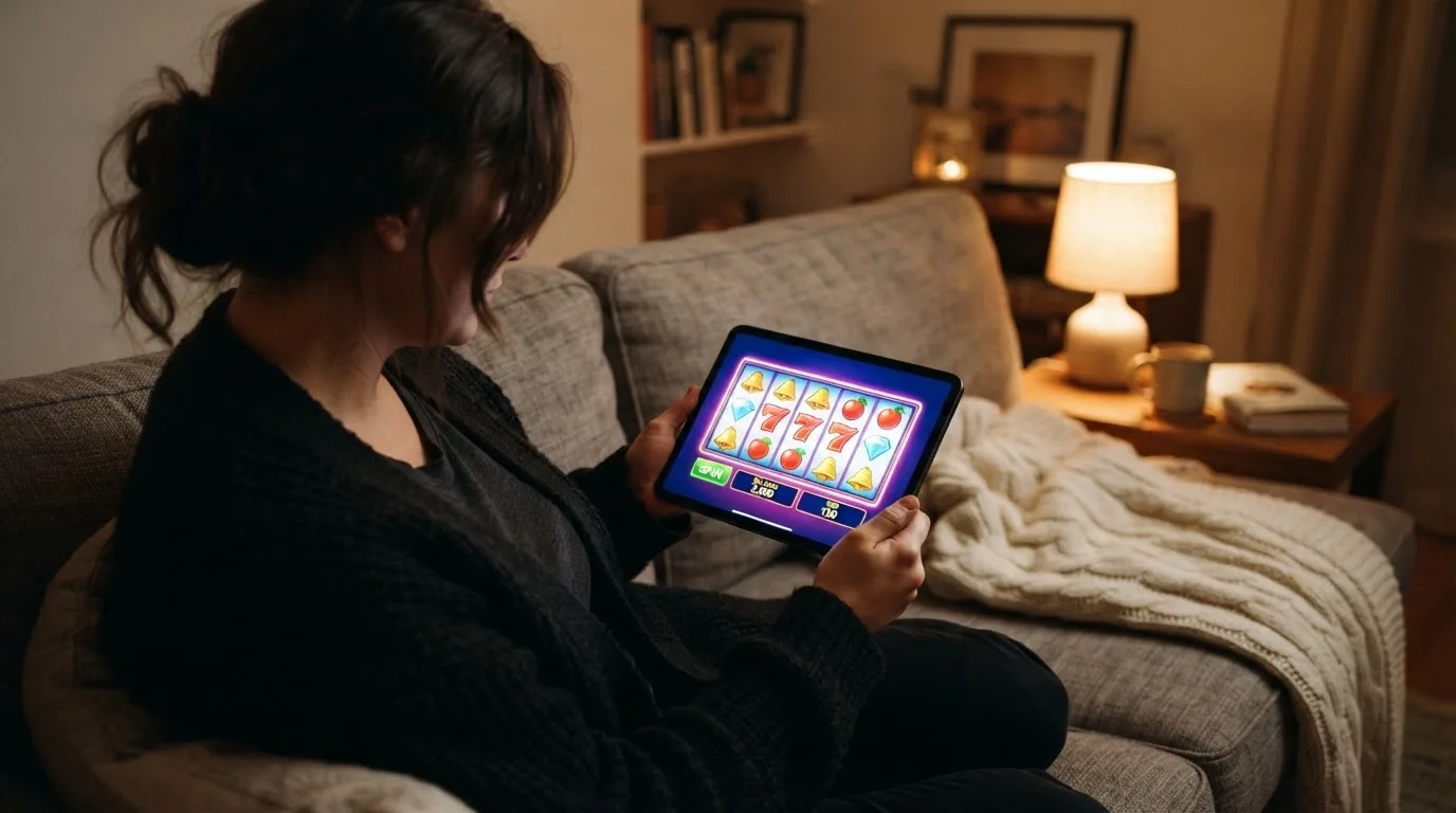 Person sitzt entspannt auf einem Sofa und blickt konzentriert auf ein Tablet in gedämpftem Wohnzimmerlicht am Abend.