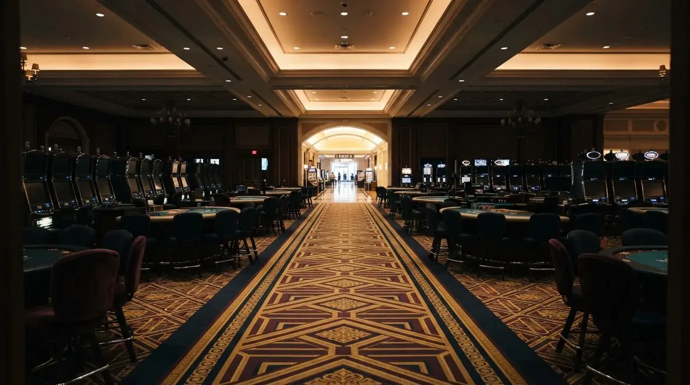 Weitwinkelaufnahme eines leeren, dezent beleuchteten Casino-Saals ohne Personen kurz vor der Öffnungszeit.
