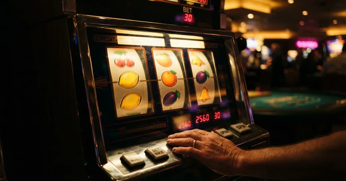 Nahaufnahme bunt beleuchteter Spielautomaten-Walzen mit Frucht- und Stern-Symbolen in einem dunklen Casino-Saal.