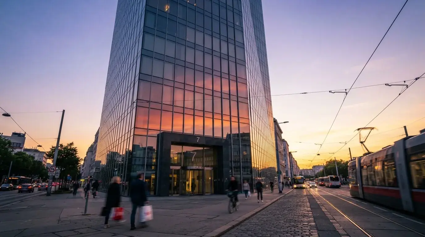 Modernes Glasbürogebäude in Wien bei Sonnenuntergang, aufgenommen von einer belebten Straße aus.