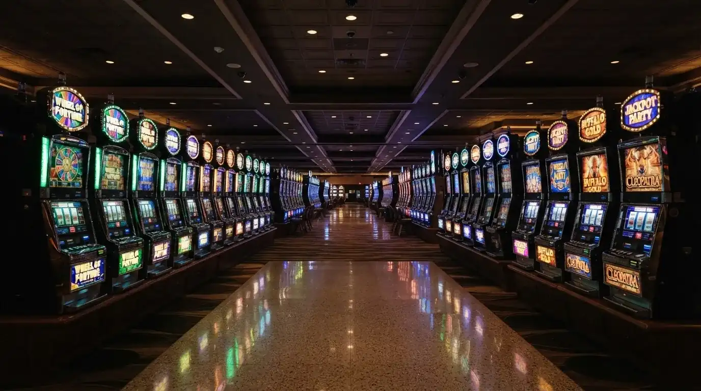 Reihe leuchtender Spielautomaten in einer Kasinohalle, fotografiert aus der Vogelperspektive eines Ganges.